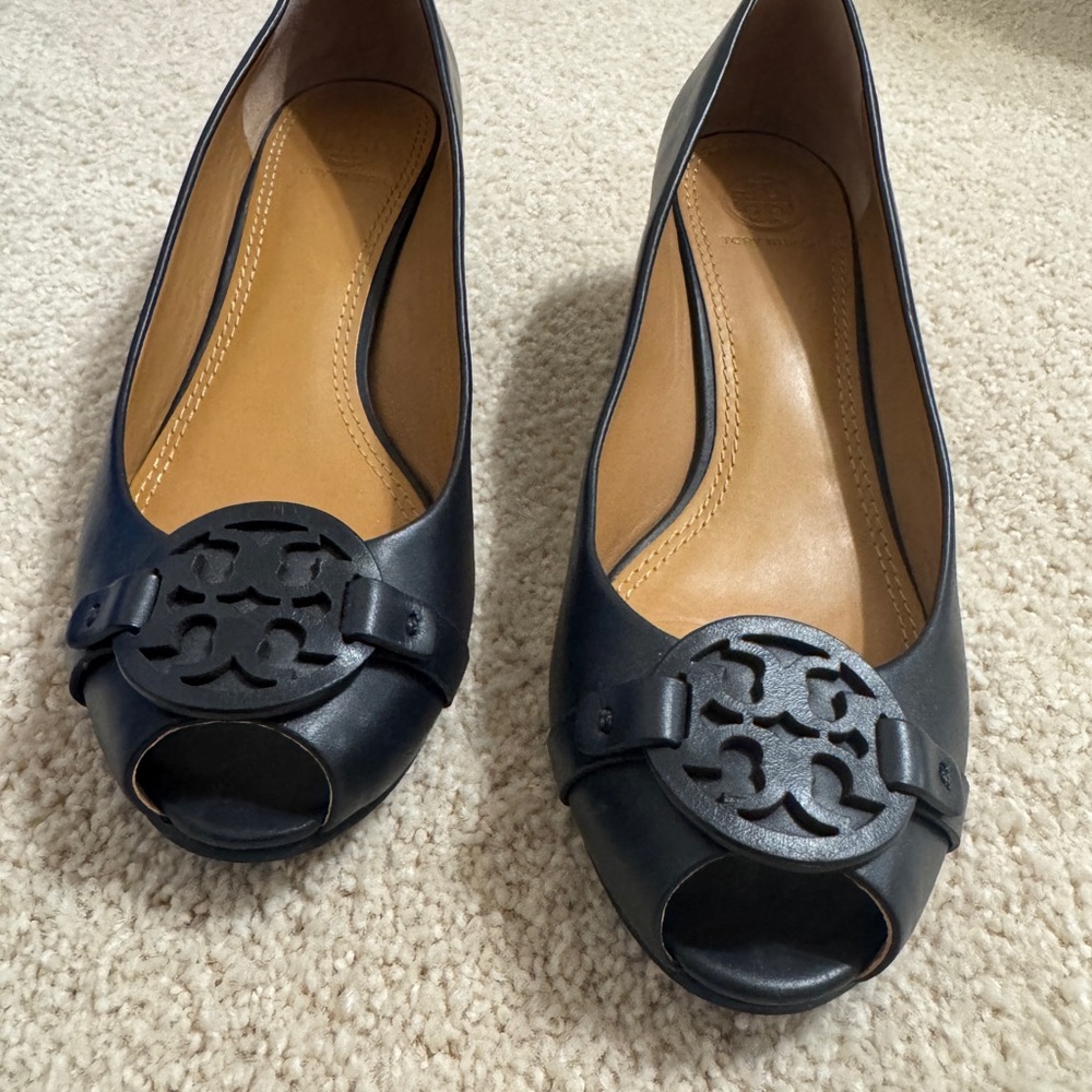 RE-LISTED Tory Burch Black Peep-Toe Wedge Heels